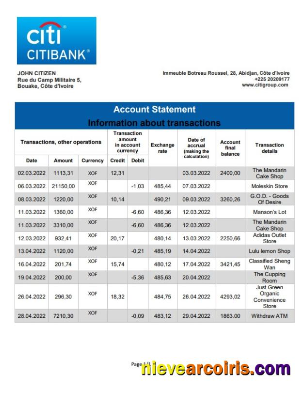 Cote d'Ivoire Citibank bank statement
